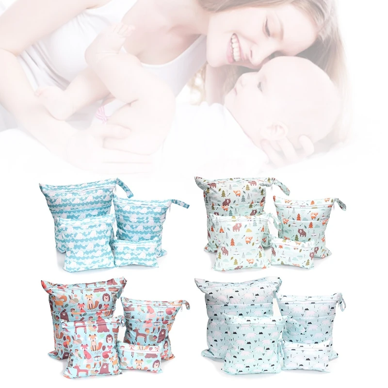 

4 Pcs/Set Fashion Print Baby Diaper Storage Bags Reusable Washable Travel Nappy Pouch Waterproof Wet Dry Cloth Organizer A2UB