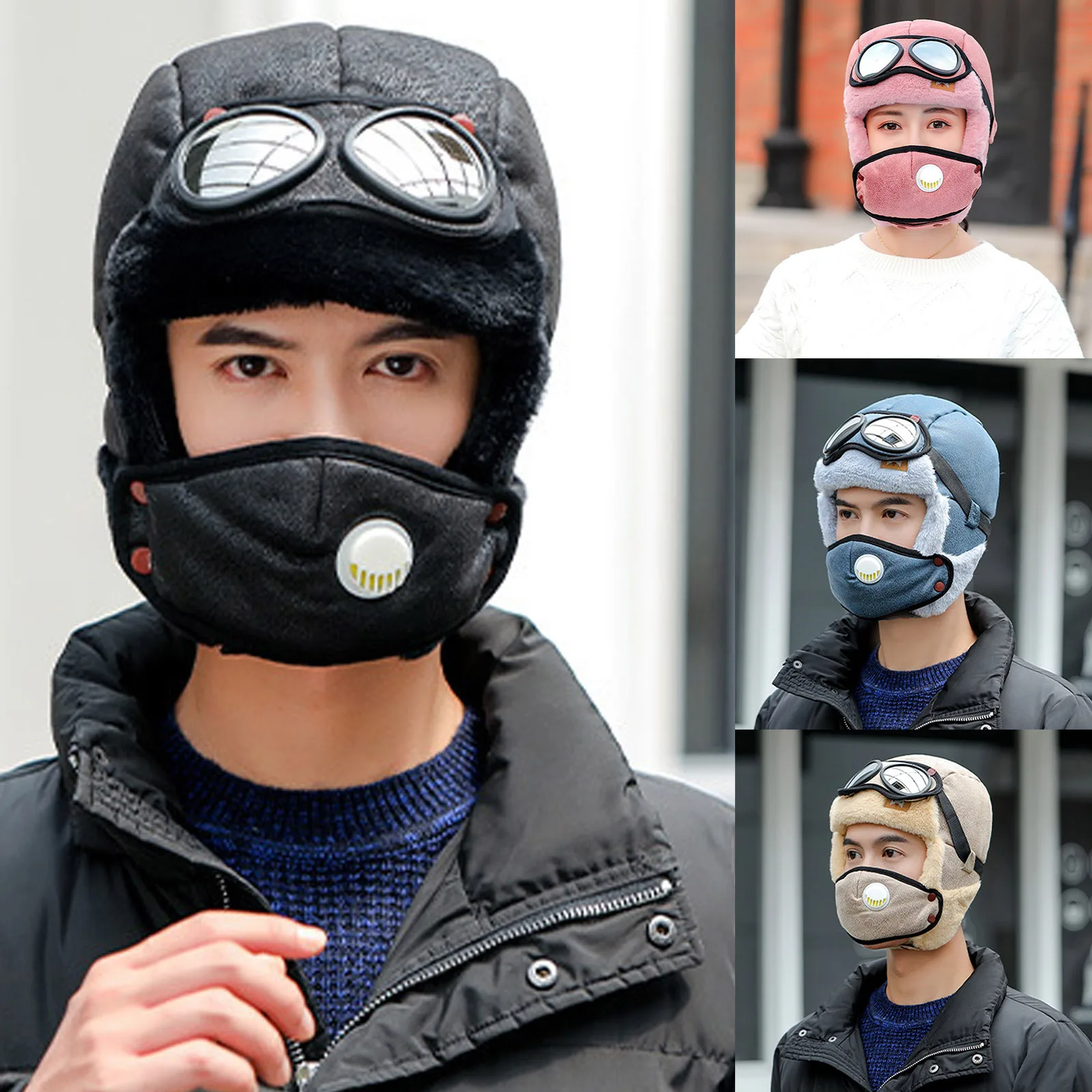 

Cycling Windproof Outdoor Hat with Ear Flap and Breathing Valves Face Cover Goggles Warm Plush Full Head Hat PR Sale