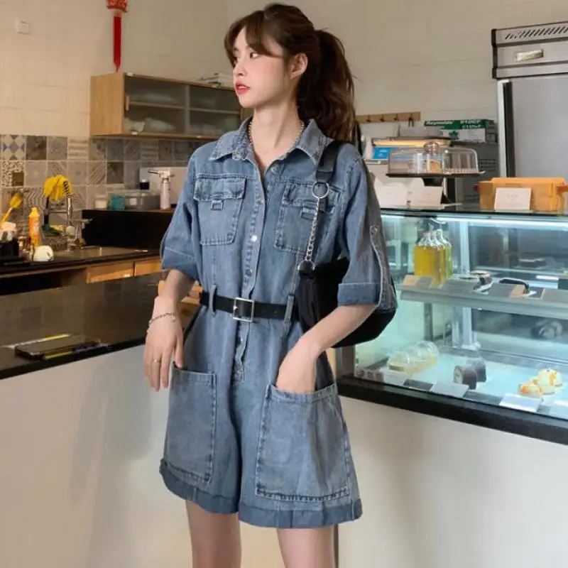 

Turn Down Collar Short Sleeve Denim Jumpsuits Women High Waist Hip Bodysuits Spring Summer Female Fashion Outwear Bodysuits