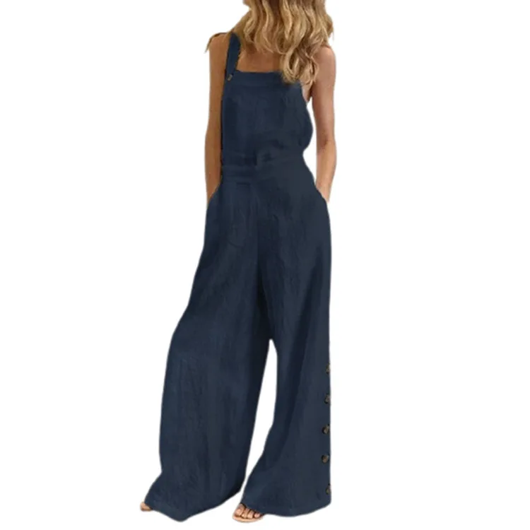 

Wepbel Women's Trousers Temperament Commute Loose Straight Casual Solid Color Buttons Imitation Linen Suspender Trousers