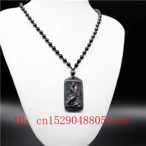 Natural Black Green Jade Guanyin Pendant Beads Necklace Charm Jewelry Obsidian Accessories Carved Amulet Gifts for Men | Украшения и