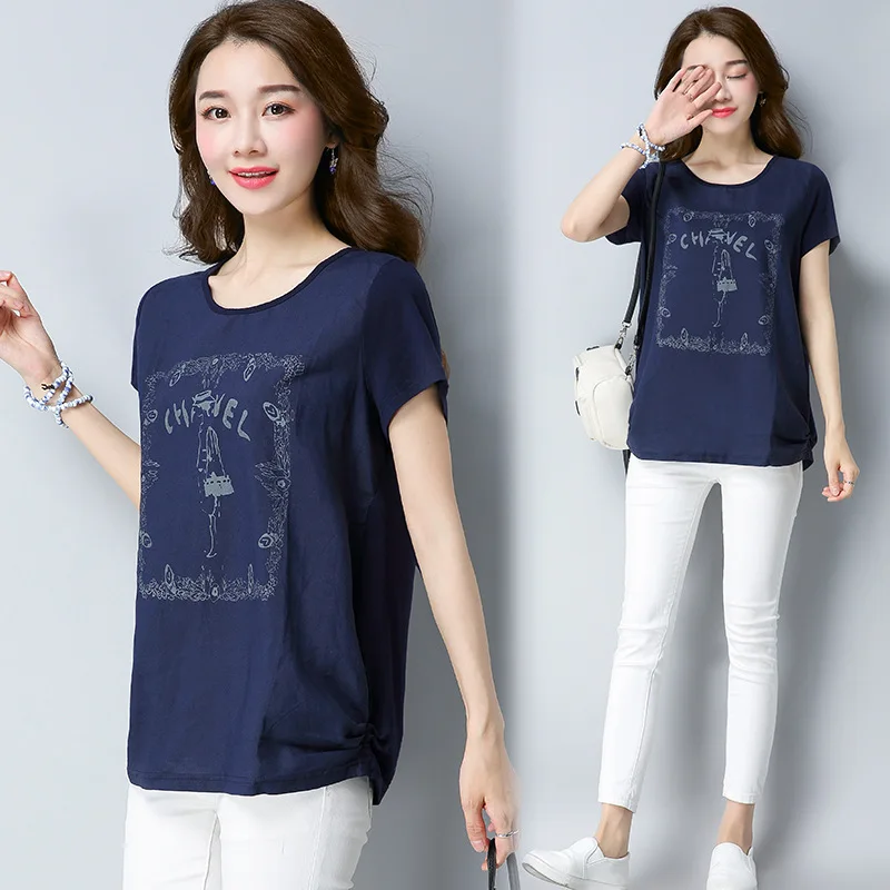 

Summer Girl Tees B Printing Cotton Linen Women's Blouse Loose O-Neck Short Sleeve Lady Harajuku T-shirt Females T shirts Tops