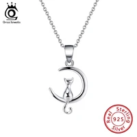 orsa jewels cat necklace for women 925 sterling silver pendant sweater neck chain kitty on moon pet memorial gift jewelry sn271