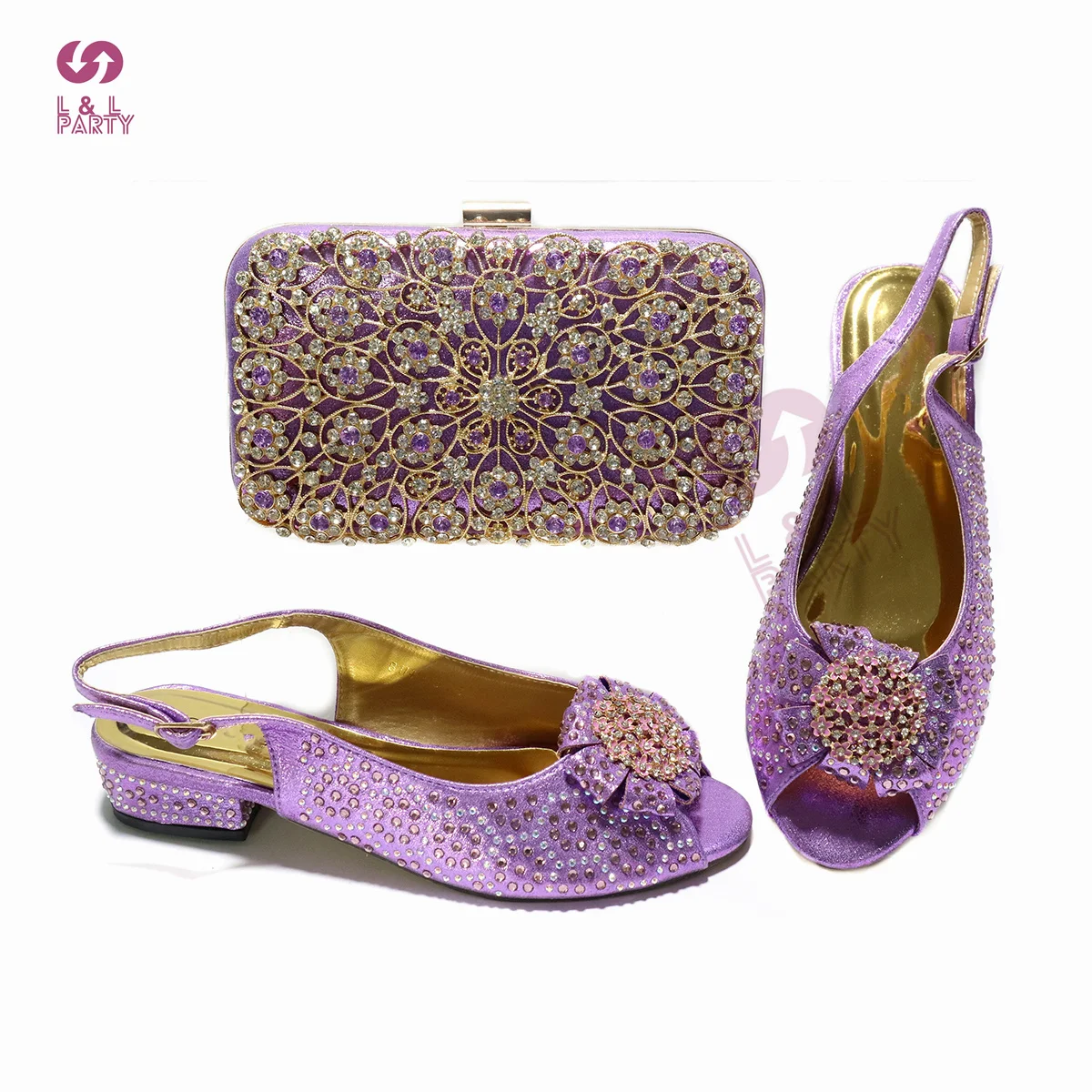 

2021 Comfortable Heels New Design Nigerian Mature Women Shoes and Bag to Match in Light Purple Color with Shinning Crystal