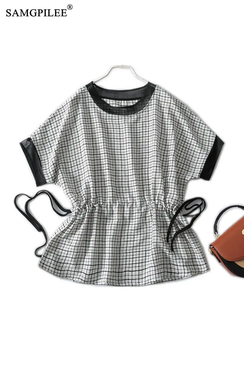 

Summer Clothes For Women 2021 New Office Lady Chiffon Tees Plus Size Short Sleeve Sashes Plaid O-neck Woman T Shirt Oversized