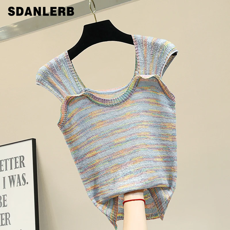 

2021 New Summer Ice Silk Knitted Camisole Women's Vest Slimming Sling Off-Shoulder Sexy Tank Crop Top Womens Clothing