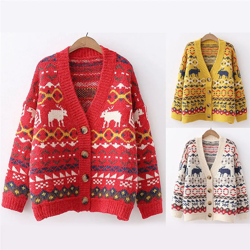 Рождественское Женское зимнее пальто с принтом пуговицами карманами длинным