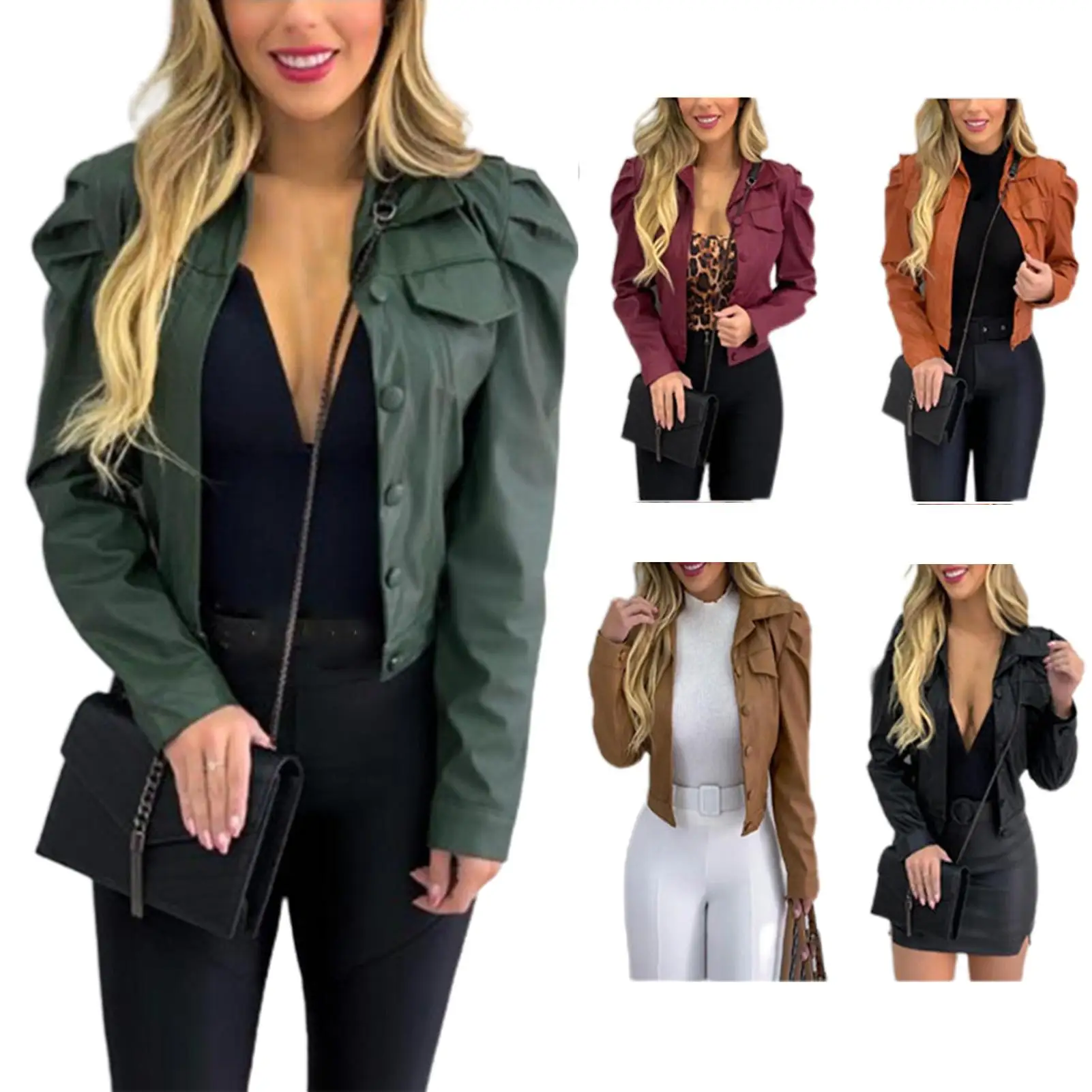 

Women Jackets Top Fashion Faux Leather Long Sleeve Buttons Jacket Coat With Zipper Short Slim Office Lady Outerwear Female