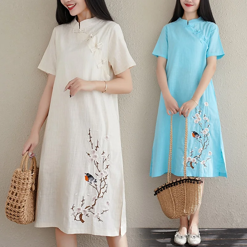 Ципао весна-лето 2019 традиционное китайское платье женское хлопковое льняное
