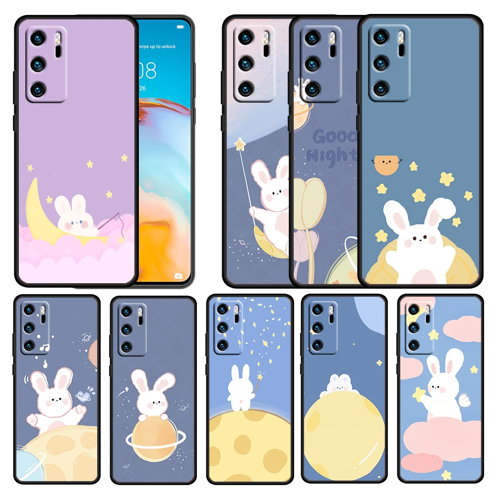 

Rabbit On The Moon Cartoon for Huawei P50 P40 E P30 P20 P10 P9 P8 Pro Lite mini 5G Soft TPU Silicone Black Phone Case Cover