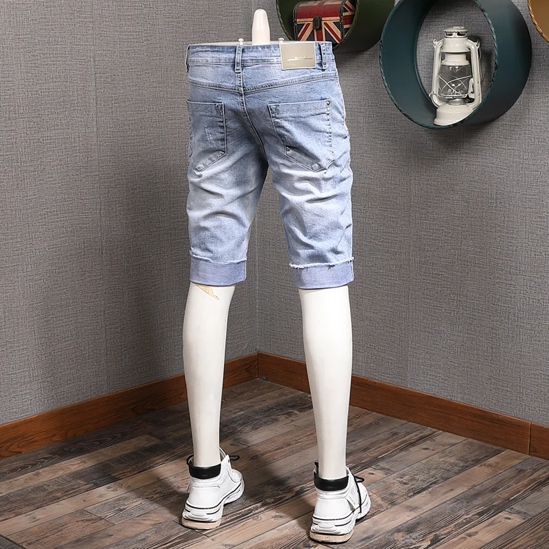 Men Ripped Jeans Shorts Summer Fashion Printed Light Blue Slim Fit Mens Denim Shorts