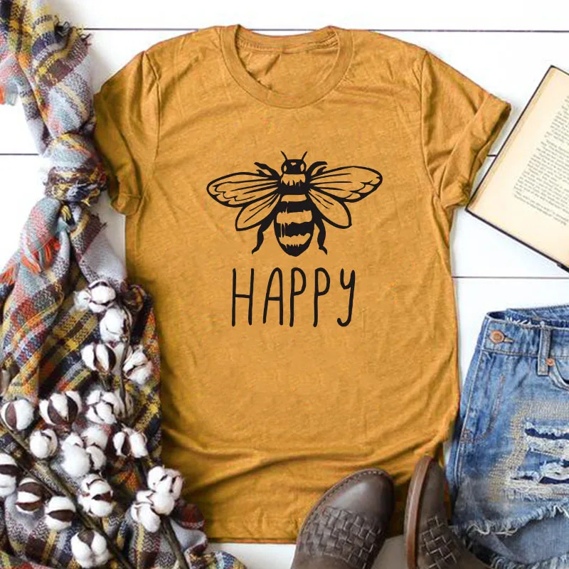Camiseta de verano talla grande para mujer algodón con cuello redondo y estampado abeja camisetas manga c|Футболки| |