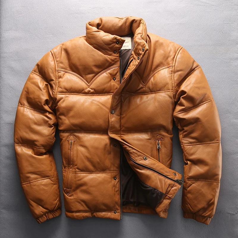 

FLY Genuine AVIREX Leather Down Jacket Men Yellow Stand Collar Winter Duck Down Coat Short Thick Sheepskin Coat