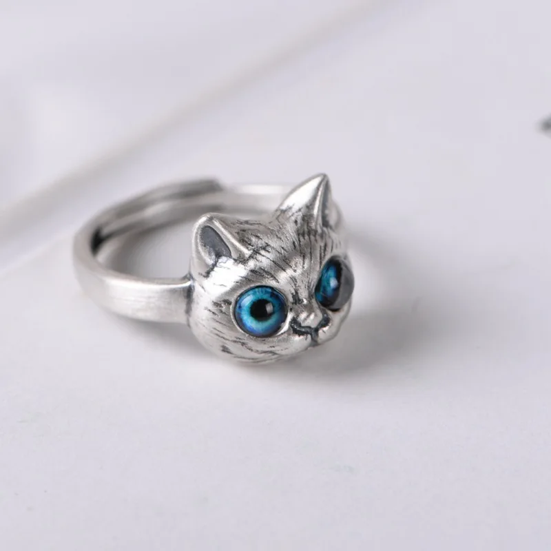 

2022 Retro Cute Silver Color Big Eye Cat Head Adjustable Ring Suitable for Girls Sweet Fashion Jewelry Birthday Gifts