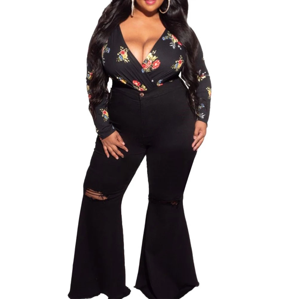 Vintage Hole Ripped Plus Size Jeans Women Wide Leg Denim Flare Slim Pants High Waist Casual Trousers Bodycon Bell Bottoms Pant
