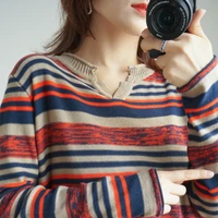 100 cotton t shirt korean style women s long sleeve spring and autumn new loose striped thin knitted top base shirt pullover