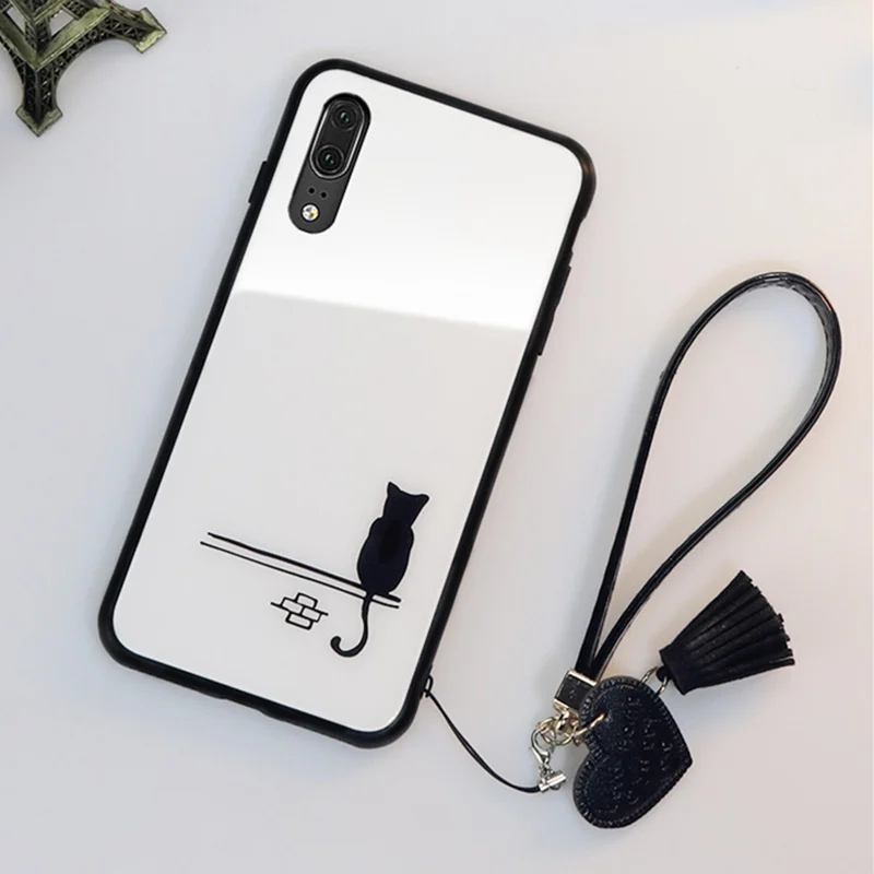 01 Чехол и ремешок для Xiaomi Mi 9 8 se cc9 cc9e, стеклянный жесткий чехол для телефона для Xiaomi Mi cc9 8 Lite, простой милый шнурок для кошки, funda - Цвет: 01