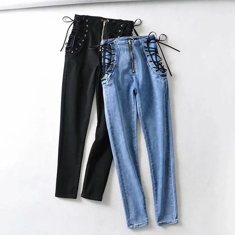 

Weigou High Waist Hips Tight Jeans Female Slim Feet Pants Stretch Hip Leggings Slim Fit Skinny Feet Lace Up Pencil Pants