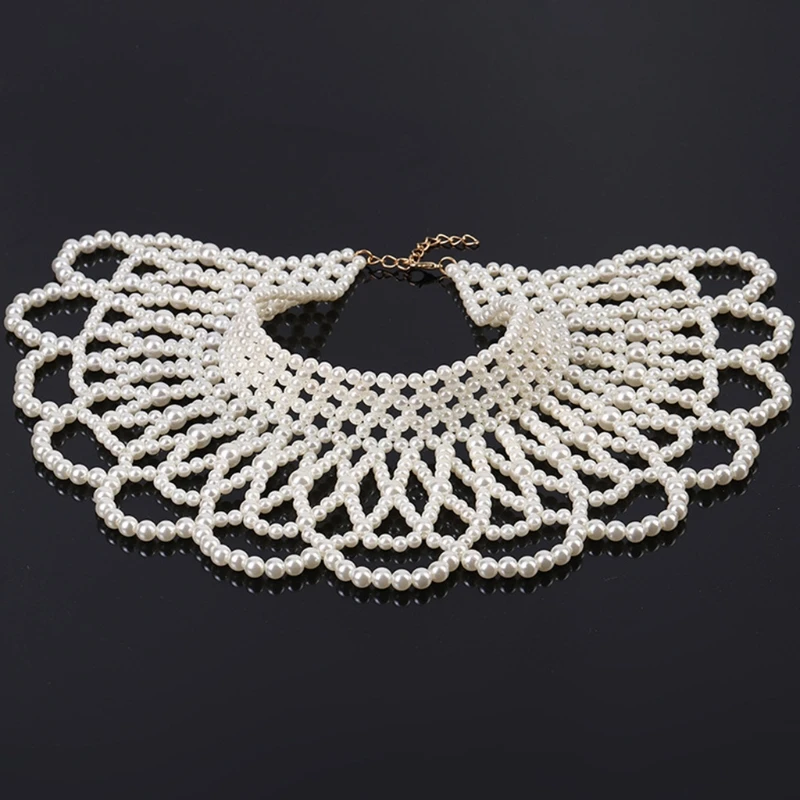 

Personality Luxurious Jewelry Bib Choker Necklace Handmade Hollow Out Woven Water Drop Pearl Beaded Body Chain Shawl Collar