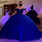 Блестящее Королевское синее платье Quinceanera 2021, элегантное платье с открытыми плечами и блестками, корсет с оборками, Пышное Бальное платье, платье для выпускного вечера, роскошный стиль