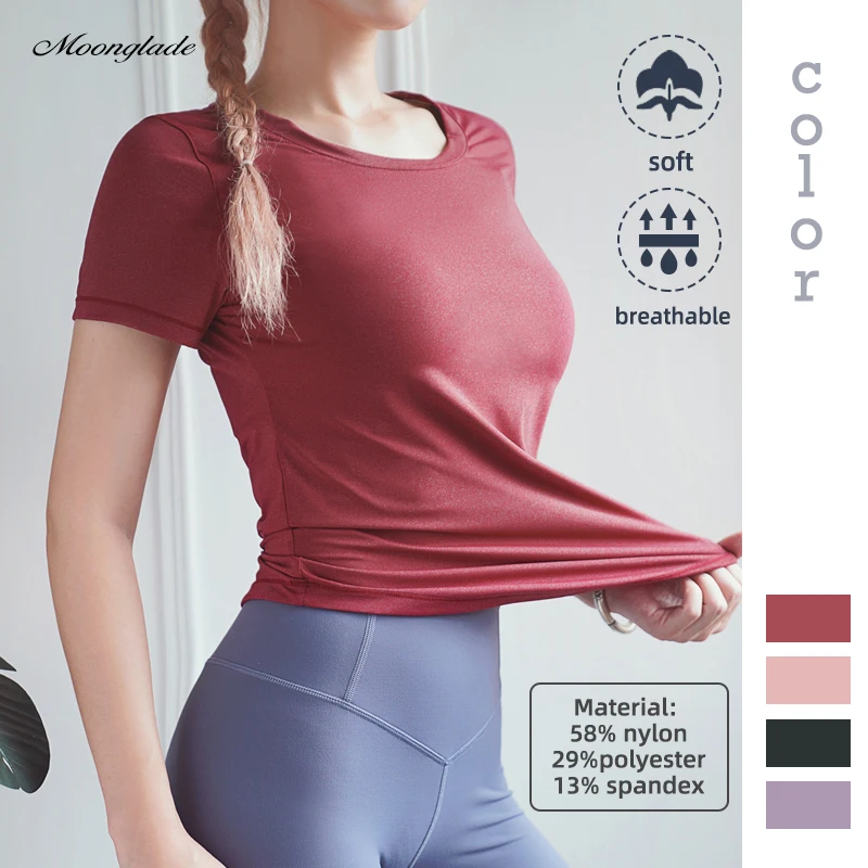 

Moonglade Tight Yoga Shirts Women Short Sleeve Gym Tops Fitness Running Workout 2021 Summer Sport T-Shirts Sports Wear Slim Thin