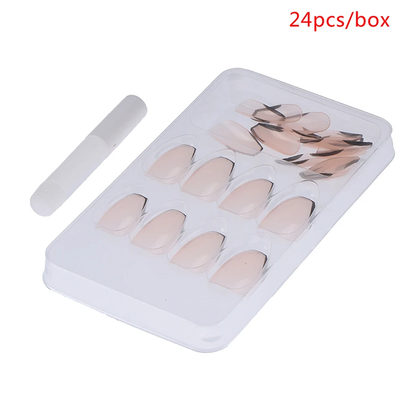 24PCS/SET Black Border Wear Long False Nail Full Cover Wearable Coffin Fake For Art | Красота и здоровье