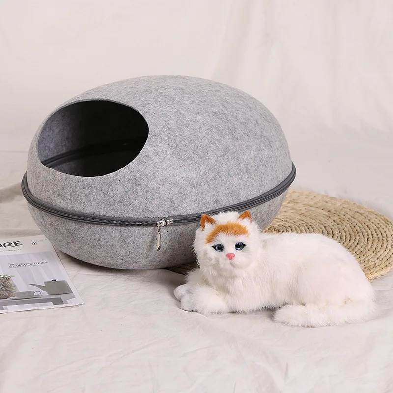 grey Egg Shape Dog Cat Bed Cat Sleeping Bag Zipper Felt Cloth Winter Warm Pet House All Around Cat Nest With Detachable Cushion Mat - Цвет: grey