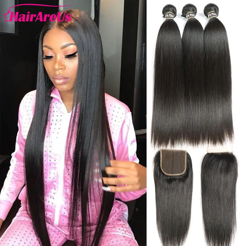 

Straight Bundles With Closure Brazilian Human Hair Weave Bundles With Closure Natural Color with Baby Hair Remy for Women