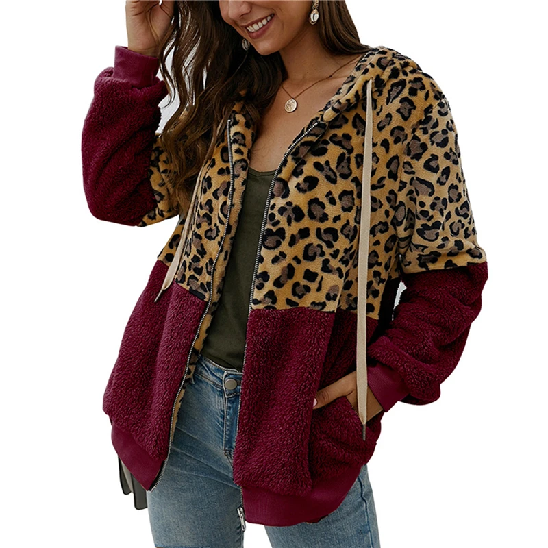 

Fashion Leopard Patchwork Women Coat Autumn Hooded Long Sleeve Pockets Outwear Plush Winter Warm Ladies Overcoat