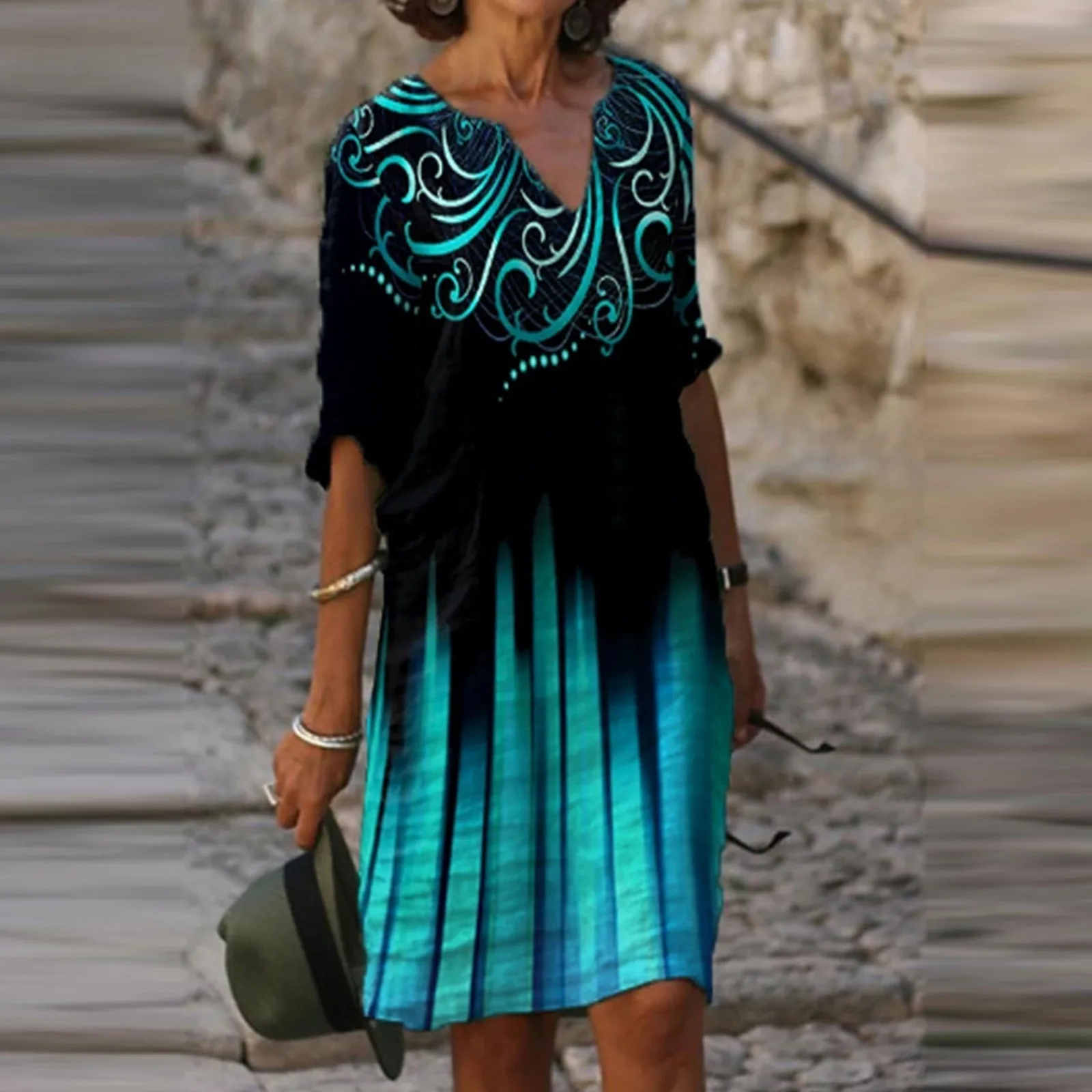 

Dresses For Women 2022 Summer Fashion Plus Size Printed Half Sleeve V-neck Midi Dress Female Loose Vintage Dress#35