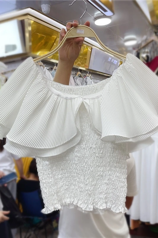 

2021 Summer New Fashion Blouse Double-Layer Ruffled Shirt for Women Off-shoulder Collar Folds Top Slim Fit Solid Color Blusas