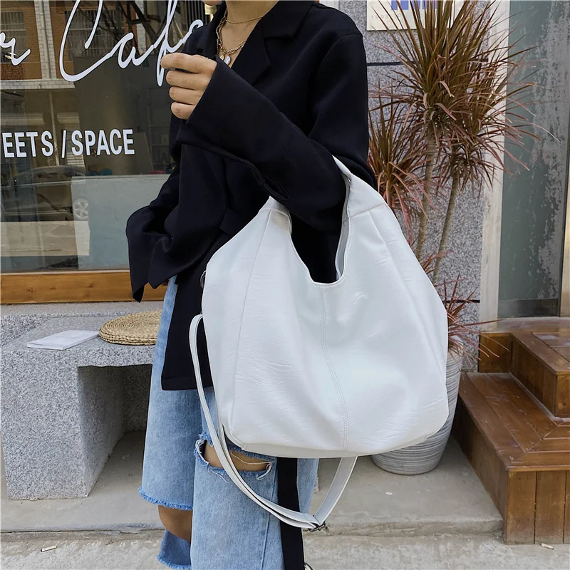 

White Leather Women Half Moon Bags Large Capacity Hobo Shopper Bag Quality Soft PU Crossbody Bag Casual Korean Female Tote Bags
