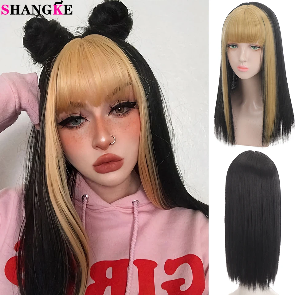 

SHANGKE Synthetic Medium Straight Kawaii Lolita Wig with bangs Heat Resistant Fiber Cosplay Wigs for women Daily Natural wigs