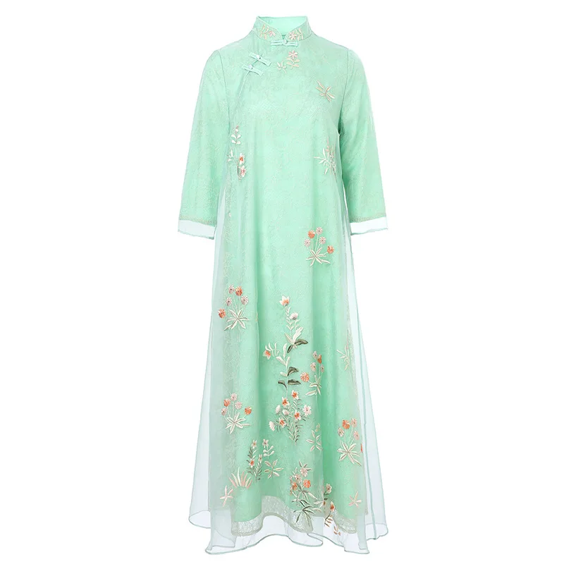 

Brand Top Quality Chinese Dress 2021 Spring Summer Vintage Party Women Allover Luxurious Embroidery Mid-Calf Length Retro Dress