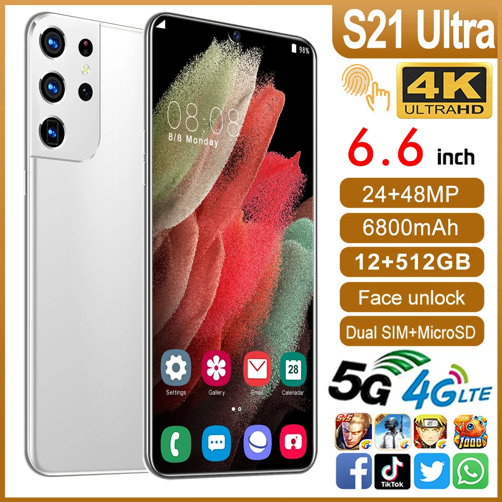 

Global Version 6.6 Inch S21 Ultra 5G 6800mAh Big Battery 10 Core 12+512GB 24+48MP Dual Card Android 10 Face ID Mobile Phone