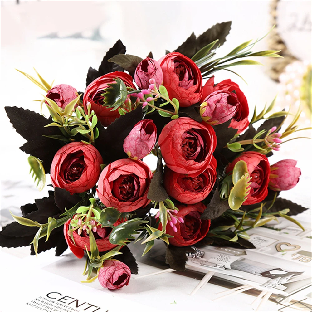 

Red Mini Tea Rose Artificial Flowers Bouquet Home Decor Silk Fake Flowers Plant Artificial Decoration Flowers Wedding Decoration