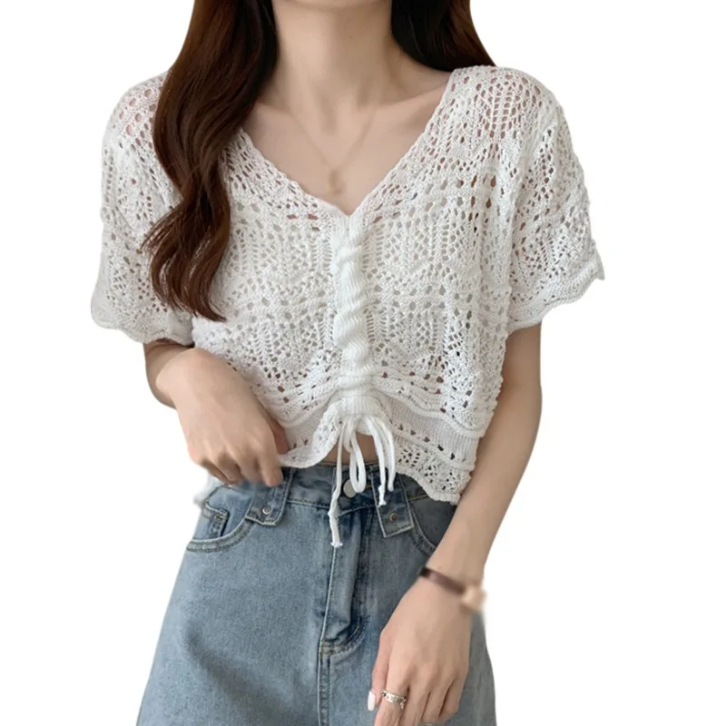 

Летняя женская тонкая футболка DAXIN с вытягивающим шнуром, Просвечивающая Солнцезащитная рубашка, футболка с коротким рукавом, женский укор...