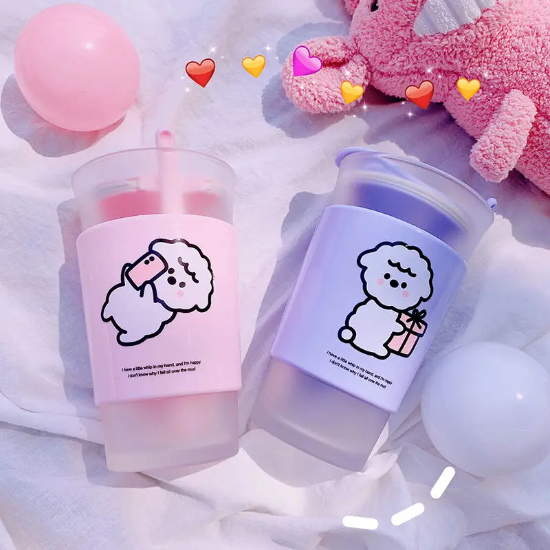 

Simple Fashion Water Cup With Spoon and Lid Coffee Milk Cup Cute Double Layer Anti Scalding Glass Frosted Cups for Girls