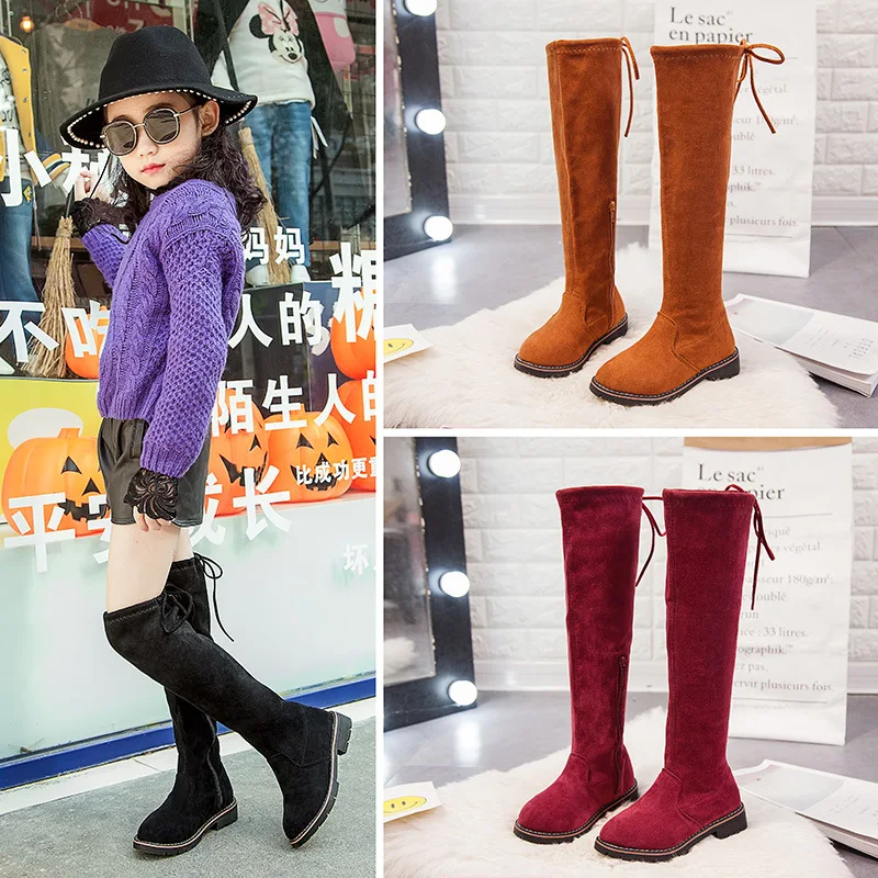 Новинка 2018 осенне-зимние сапоги для девочек однотонные до колена с бантом