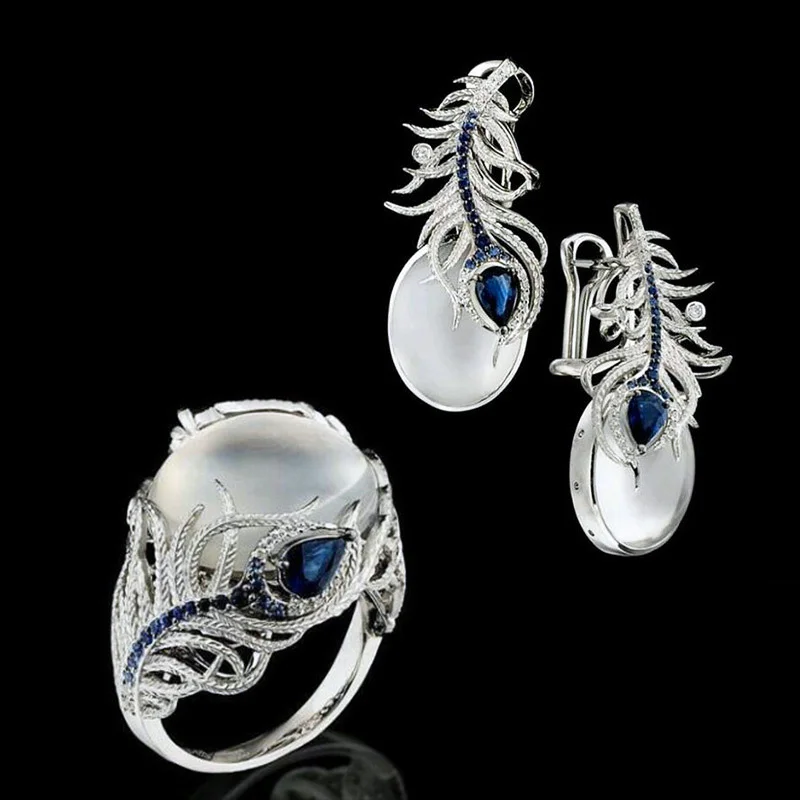 Ring and earrings Кольцо серебро ювелирные изделия подарок для женщин опал ювелирные изделия из нержавеющей стали Ретро лунный камень циркон брендовые ювелирные изделия Бабочка B2226+ E066 - Цвет камня: Ring and earrings
