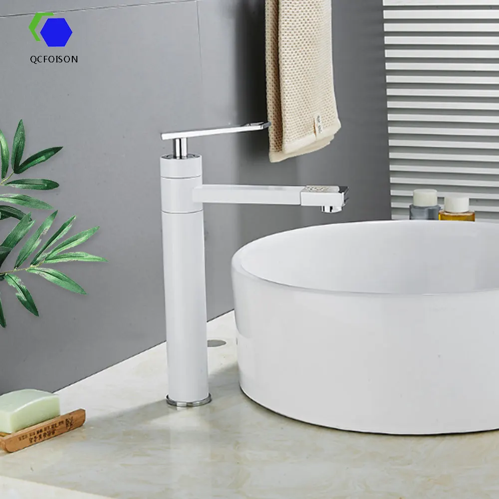 

QCFOISON bathroom White copper faucet rotatry heighten high-end basin faucet washing face mixer water tap cabinet