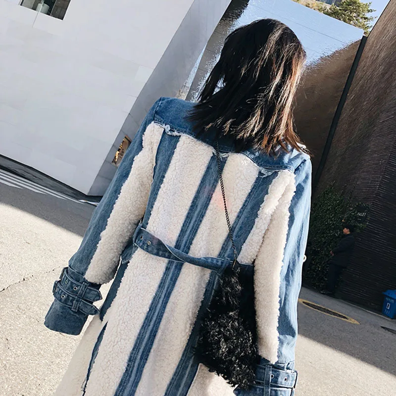 TWOTWINSTYLE Hit Color Patchwork Denim Tassel Trench Coats For Women Lapel Collar High Waist Sashes Windbreakers Autumn New