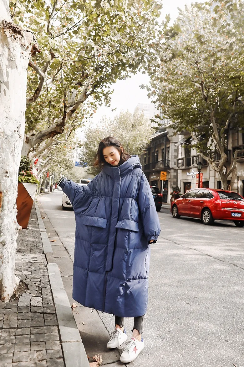 Photo Shoot Winter New Style Korean-style WOMEN'S Wear Retro Laziness over-the-Knee Long Loose Cotton Coat Hooded Cotton-pa