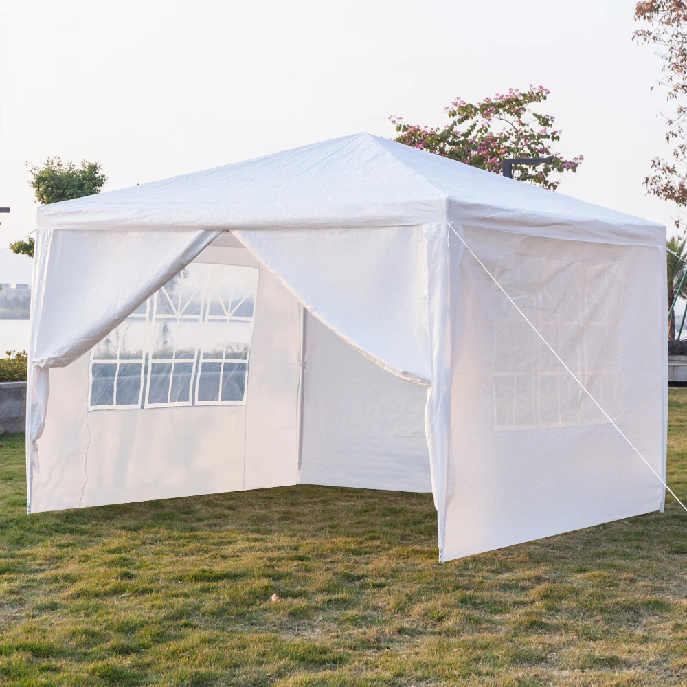 4 Sided White Tent 3 x 3m Portable Home Use Waterproof Awning with Spiral Tubes Garden Lawn Picnic Barbecue Canopy
