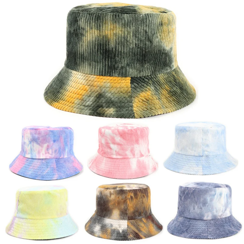 

New Tie Dye Unisex Double-Side Bucket Hats For Women Spring Summer Sunscreen Multicolor Corduroy Bucket Hat Fisherman Cap M041