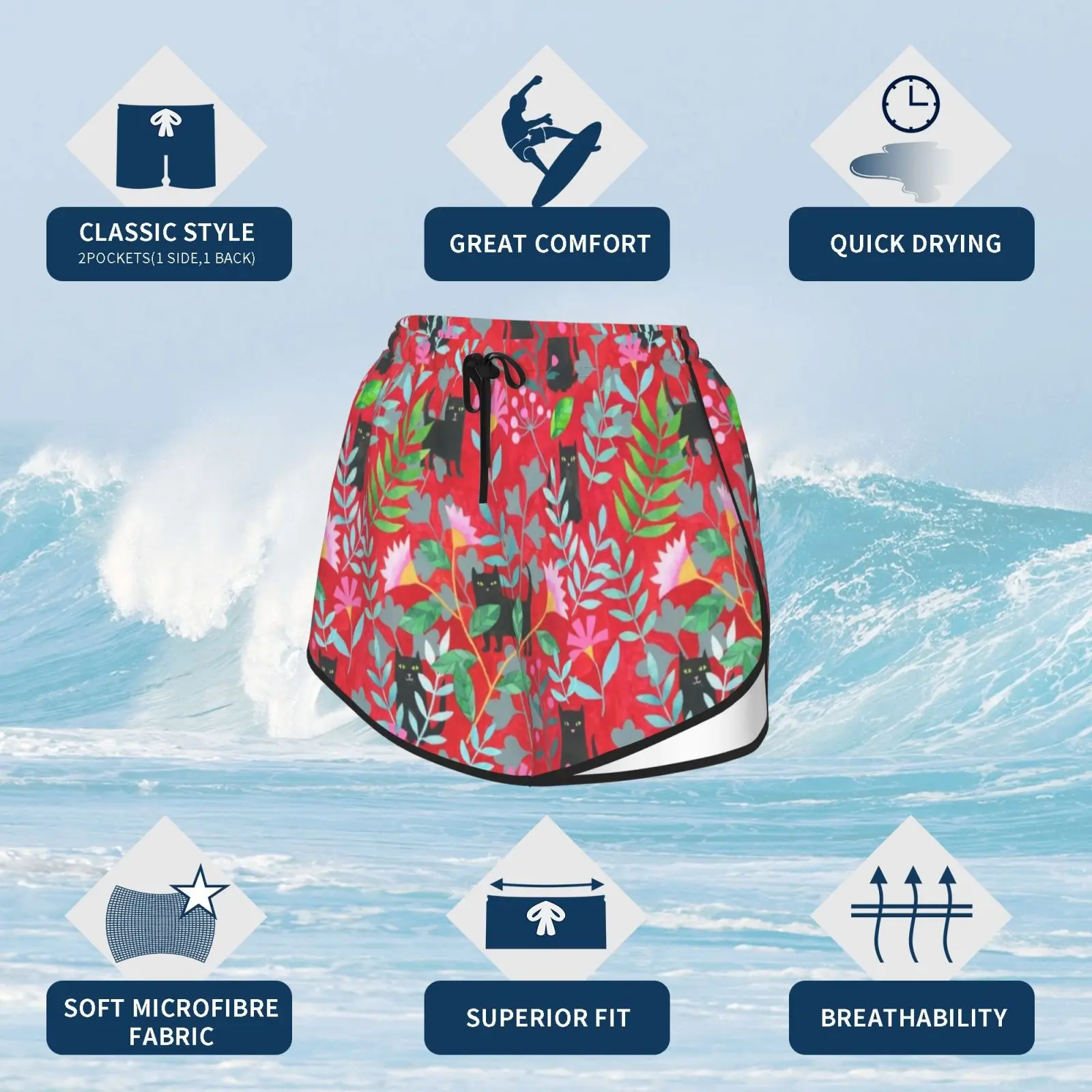 Женские шорты для плавания Lucky пляжные с рисунком черных кошек сада повторным