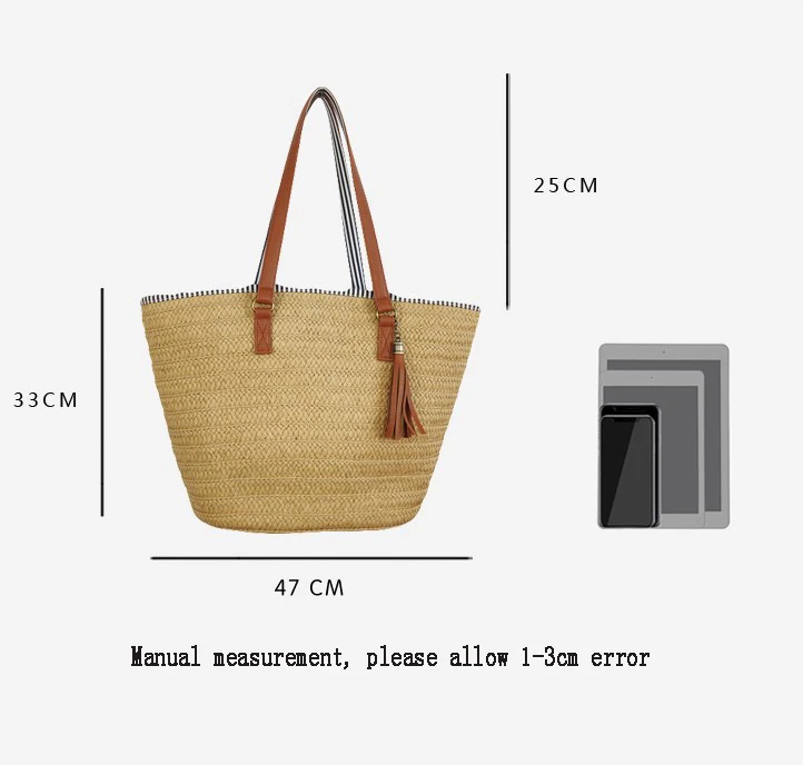 

Fashion Fringed Straw Woven Bag Ladies Solid Color Large Capacity Shoulder Bags Hand-woven Top-handle Bag Casual Women Handbag