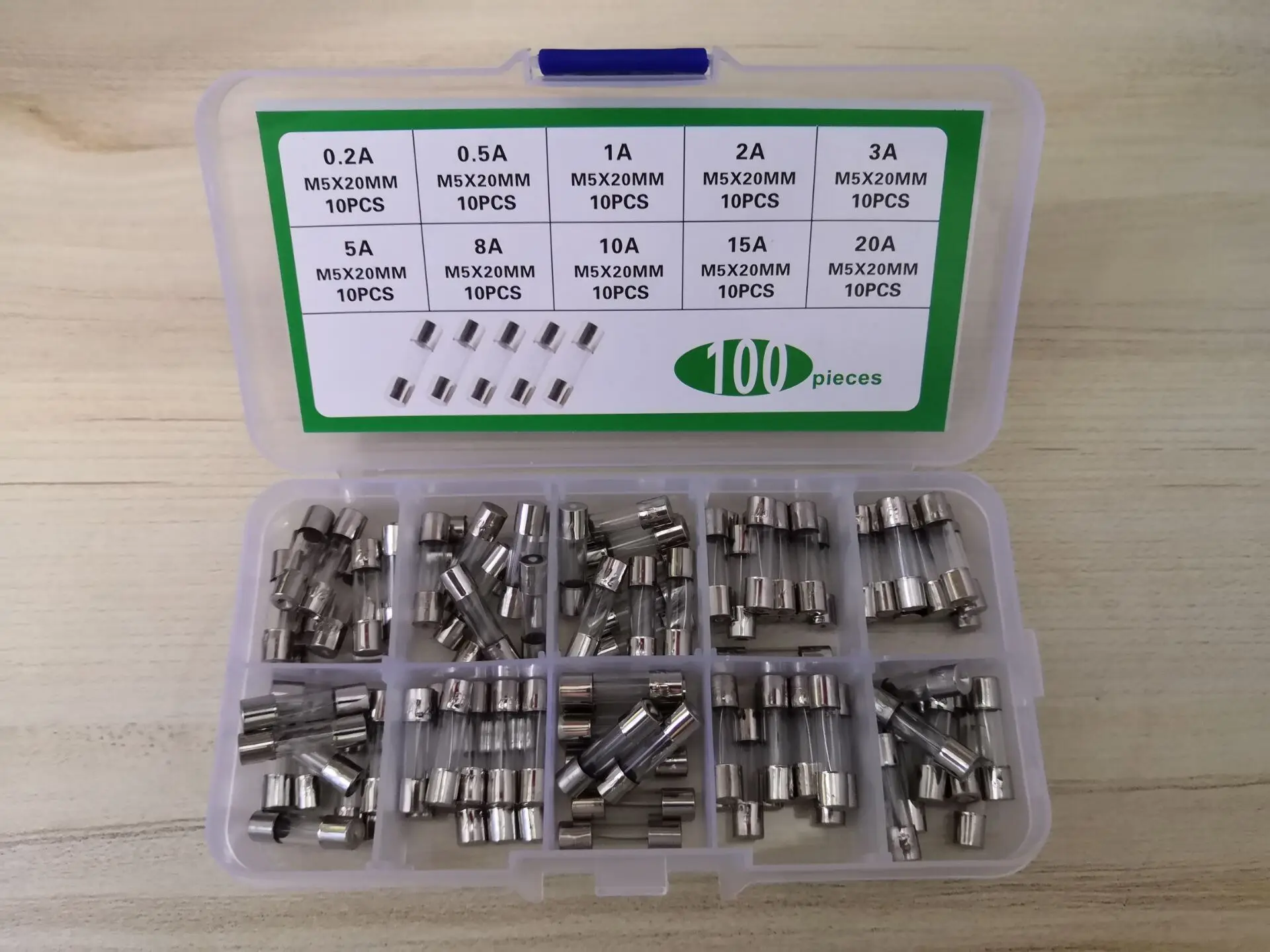 Free Ship 10kinds * 10pcs=100pcs 5x20mm Fuse 20A 15A 10A 8A 5A 3A 2A 1A 0.5A 0.2A box kit safety blown fuze Assorted pack
