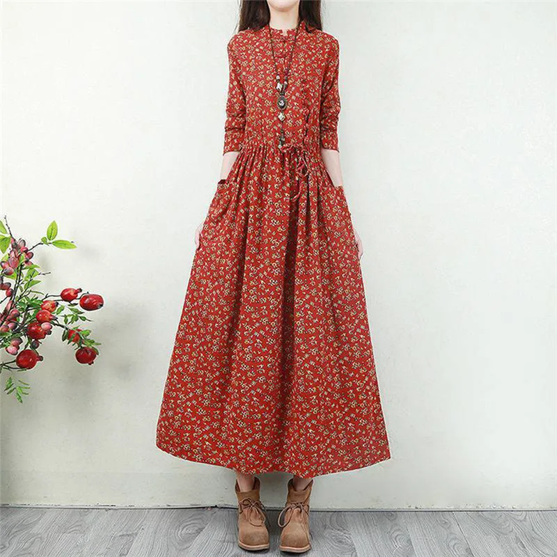 

Dress Women Autumn Winter Dress 2021 Celmia Vintage Floral Print Maxi Sundress Ruffled Casual Long Belted Loose Party Vestidos