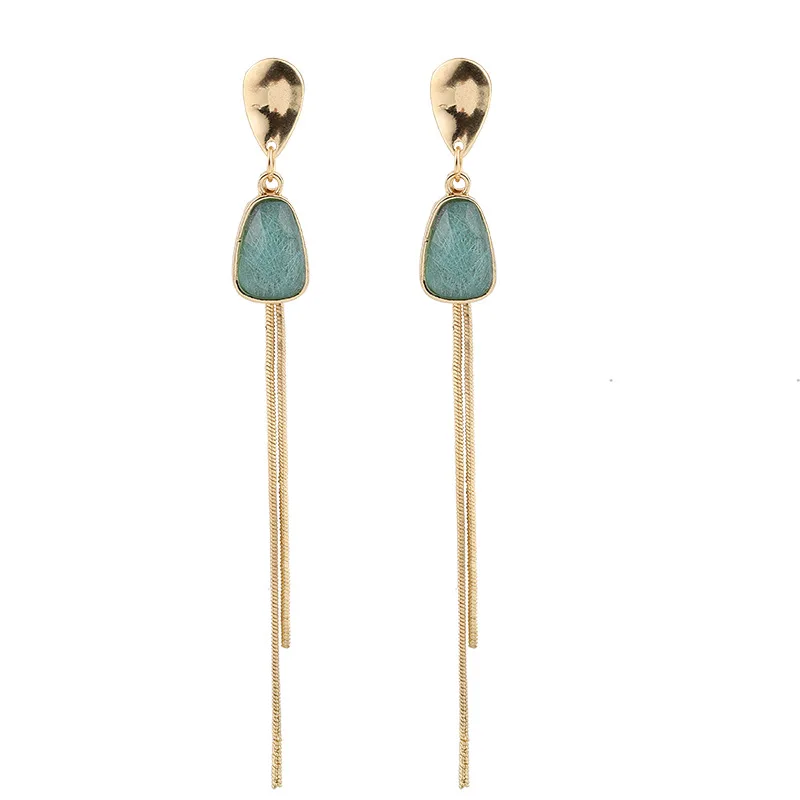

2020 Fashion Simple Metal Long Tassel Earrings Charm Green Crystal Teardrop Drop Dangle Earrings for Women Party Bijoux Jewelry